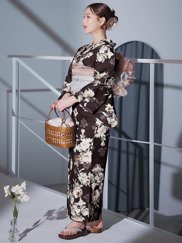 画像3: 【即日発送】ブラウン地の宵染牡丹浴衣  【浴衣３点セット 浴衣/帯/下駄】[YMT]