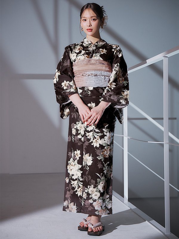 画像4: 【即日発送】ブラウン地の宵染牡丹浴衣  【浴衣３点セット 浴衣/帯/下駄】[YMT]