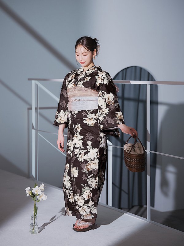 画像5: 【即日発送】ブラウン地の宵染牡丹浴衣  【浴衣３点セット 浴衣/帯/下駄】[YMT]