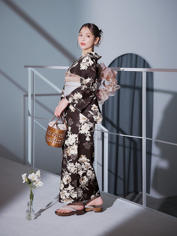 画像6: 【即日発送】ブラウン地の宵染牡丹浴衣  【浴衣３点セット 浴衣/帯/下駄】[YMT]