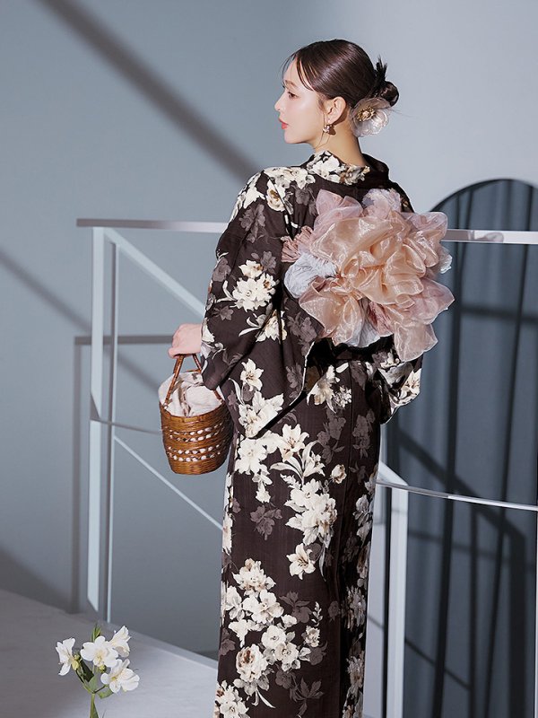 画像8: 【即日発送】ブラウン地の宵染牡丹浴衣  【浴衣３点セット 浴衣/帯/下駄】[YMT]