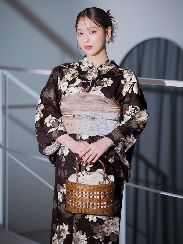 画像9: 【即日発送】ブラウン地の宵染牡丹浴衣  【浴衣３点セット 浴衣/帯/下駄】[YMT]