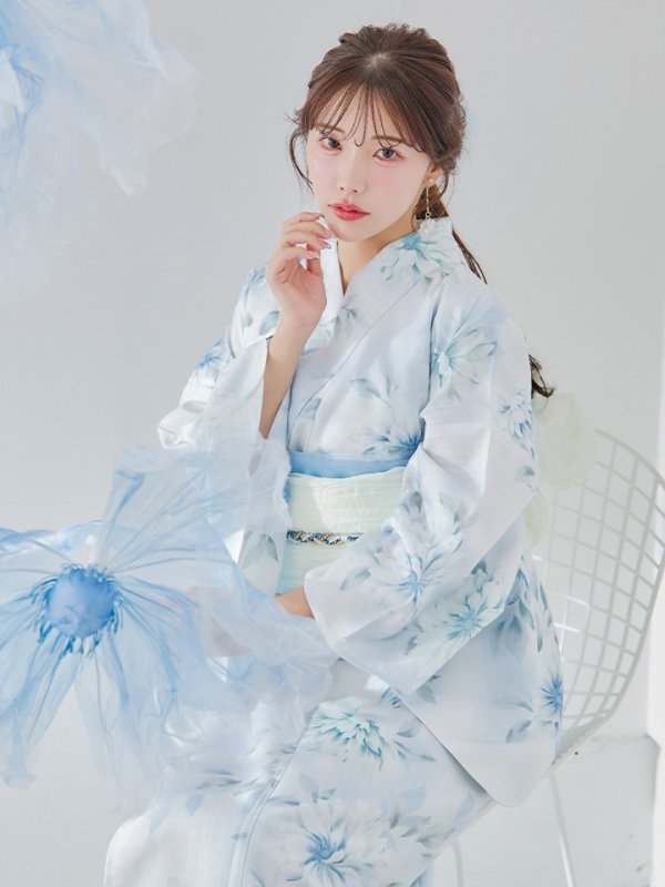 画像2: 【予約 / 5月下旬発送予定】水彩の涼花な牡丹浴衣 OBI-siwa-204-wk-7-W / HIMO-900-yn-2-DusBL / HEKO-800-sb-10-LBL / YA-1068-kn-BL / YA-1068-kn-W / GETA-01-kj-2-BL / [yo/YMT]