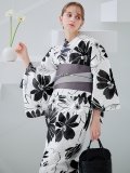 モノトーンフラワーレトロモダン浴衣 OBI-hira-100-ok-5-GYxSV / HIMO-900-yn-1-B / HEKO-800-sb-5-W / YA-1086-wk-B / GETA-01-kj-3-IV/ [yo/YMT]