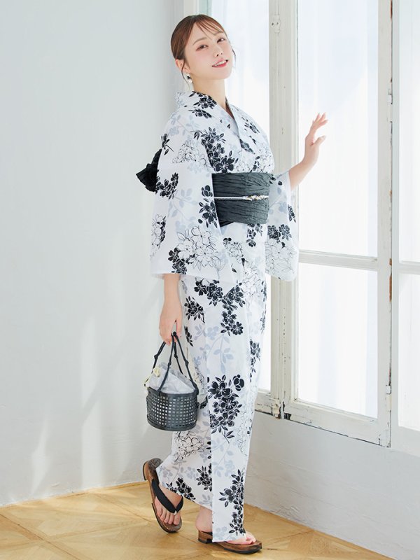 画像12: 【即日発送】ホワイトブラック桜柄浴衣 【浴衣3点セット 浴衣/帯/下駄】 [YMT]