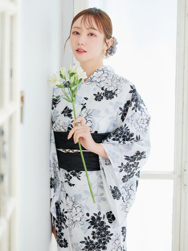 画像3: 【即日発送】ホワイトブラック桜柄浴衣 【浴衣3点セット 浴衣/帯/下駄】 [YMT]