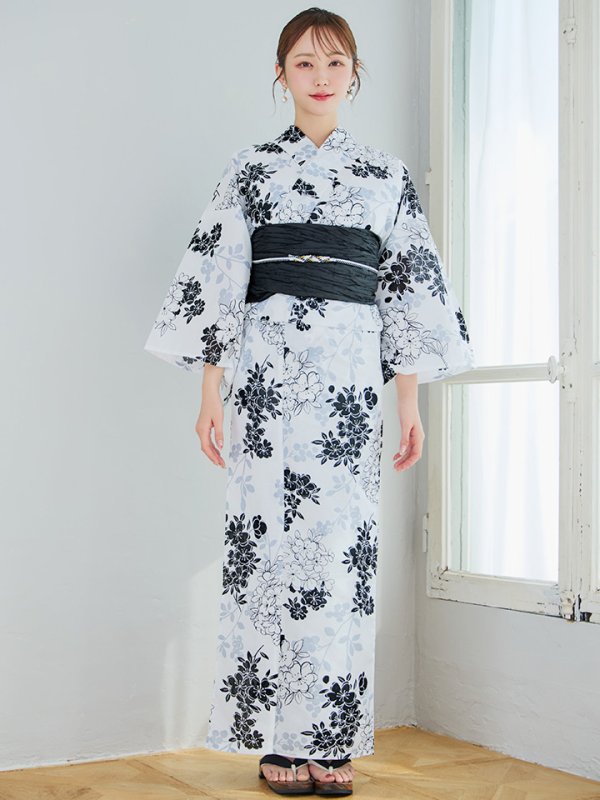画像4: 【即日発送】ホワイトブラック桜柄浴衣 【浴衣3点セット 浴衣/帯/下駄】 [YMT]