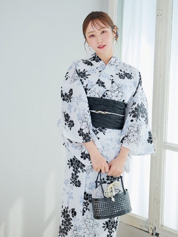 画像6: 【即日発送】ホワイトブラック桜柄浴衣 【浴衣3点セット 浴衣/帯/下駄】 [YMT]