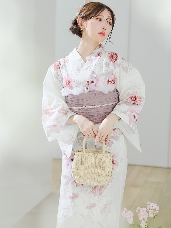 画像1: 【予約 / 7月上旬発送予定】アネモネダリア浴衣  【浴衣３点セット 浴衣/帯/下駄】OBI-siwa-204-wk-14-DusP / HIMO-900-yn-5-IV / HEKO-800-sb-5-W / YA-1002-kj-P / GETA-02-ok-8-RoseP / [/OF01]