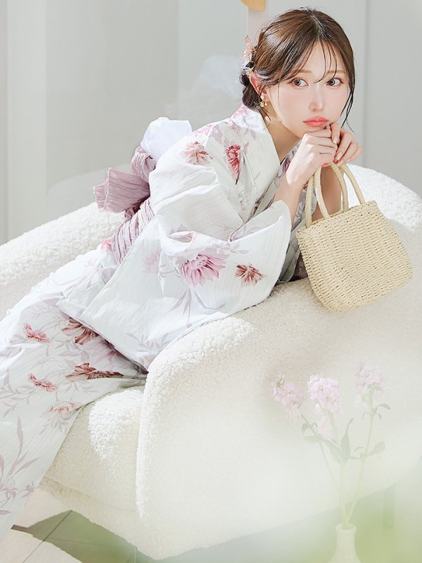 画像2: 【予約 / 7月上旬発送予定】アネモネダリア浴衣  【浴衣３点セット 浴衣/帯/下駄】OBI-siwa-204-wk-14-DusP / HIMO-900-yn-5-IV / HEKO-800-sb-5-W / YA-1002-kj-P / GETA-02-ok-8-RoseP / [/OF01]