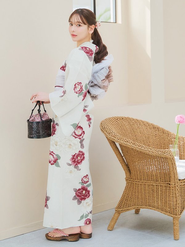 画像13: 【即日発送】白紅椿柄浴衣  【浴衣３点セット 浴衣/帯/下駄】[YMT]