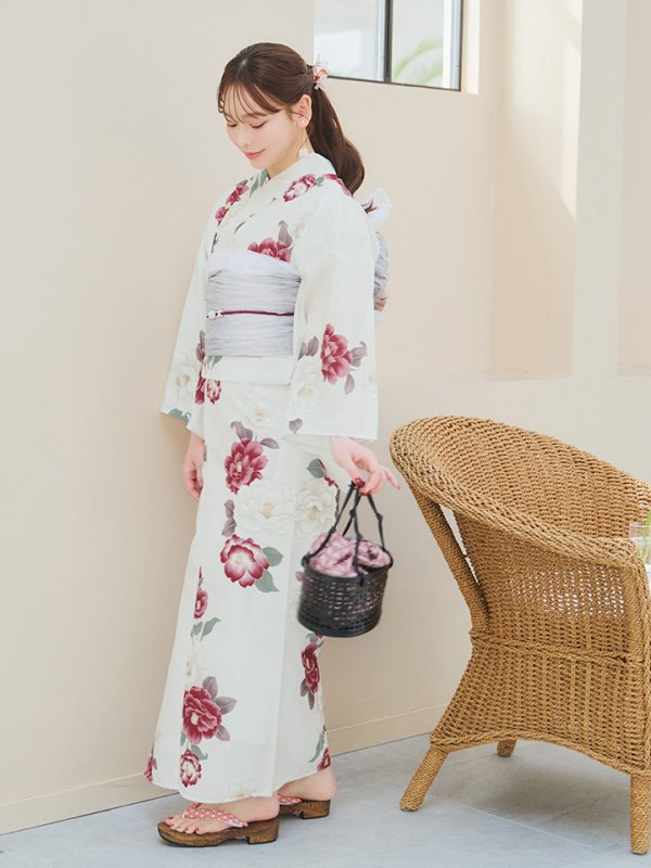 画像14: 【即日発送】白紅椿柄浴衣  【浴衣３点セット 浴衣/帯/下駄】[YMT]