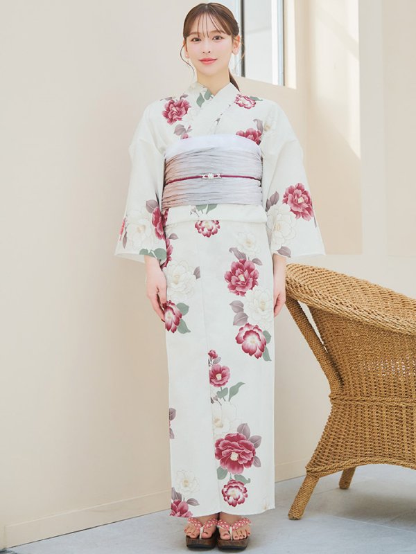 画像4: 【即日発送】白紅椿柄浴衣  【浴衣３点セット 浴衣/帯/下駄】[YMT]