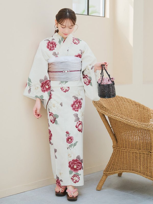 画像8: 【即日発送】白紅椿柄浴衣  【浴衣３点セット 浴衣/帯/下駄】[YMT]