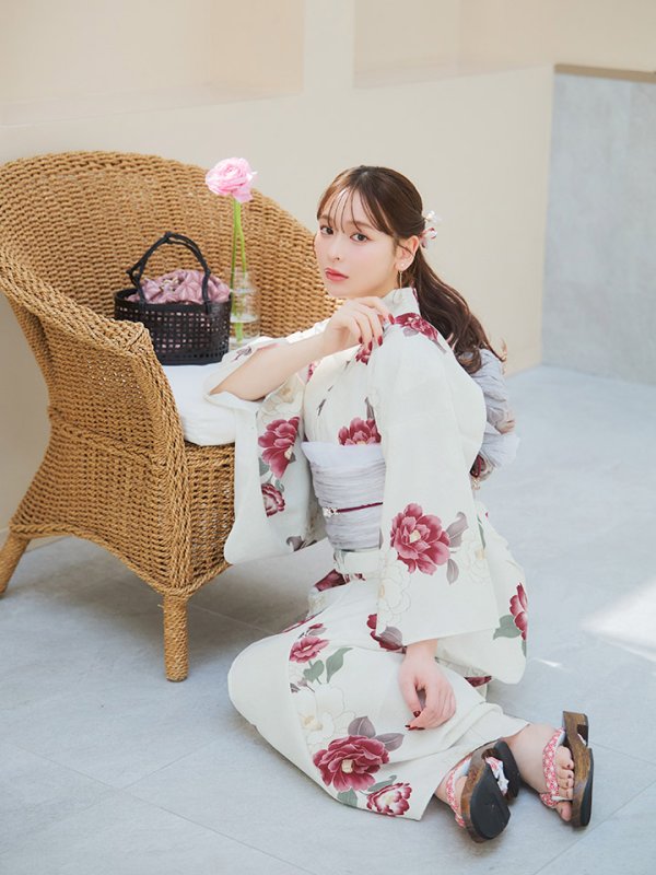 画像9: 【即日発送】白紅椿柄浴衣  【浴衣３点セット 浴衣/帯/下駄】[YMT]