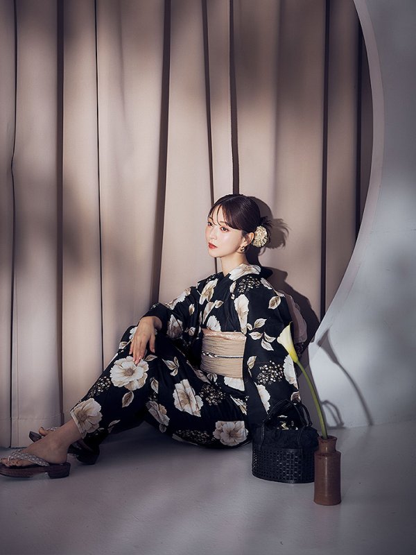 画像9: 【即日発送】ピオニーブラック花柄浴衣  【浴衣３点セット 浴衣/帯/下駄】[YMT]