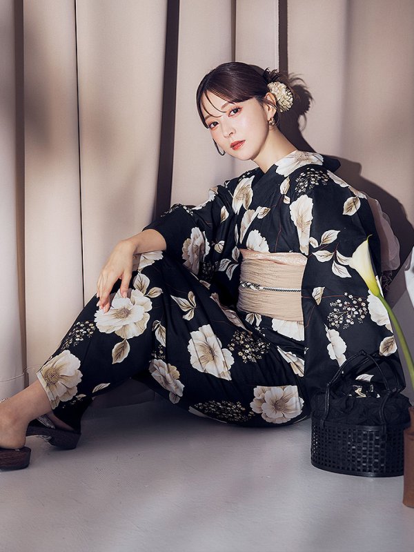 画像10: 【即日発送】ピオニーブラック花柄浴衣  【浴衣３点セット 浴衣/帯/下駄】[YMT]