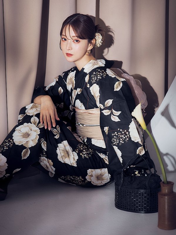 画像11: 【即日発送】ピオニーブラック花柄浴衣  【浴衣３点セット 浴衣/帯/下駄】[YMT]