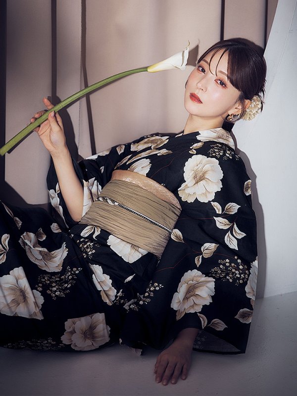 画像12: 【即日発送】ピオニーブラック花柄浴衣  【浴衣３点セット 浴衣/帯/下駄】[YMT]