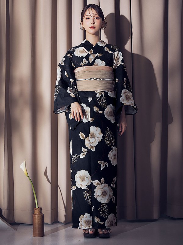 画像3: 【即日発送】ピオニーブラック花柄浴衣  【浴衣３点セット 浴衣/帯/下駄】[YMT]