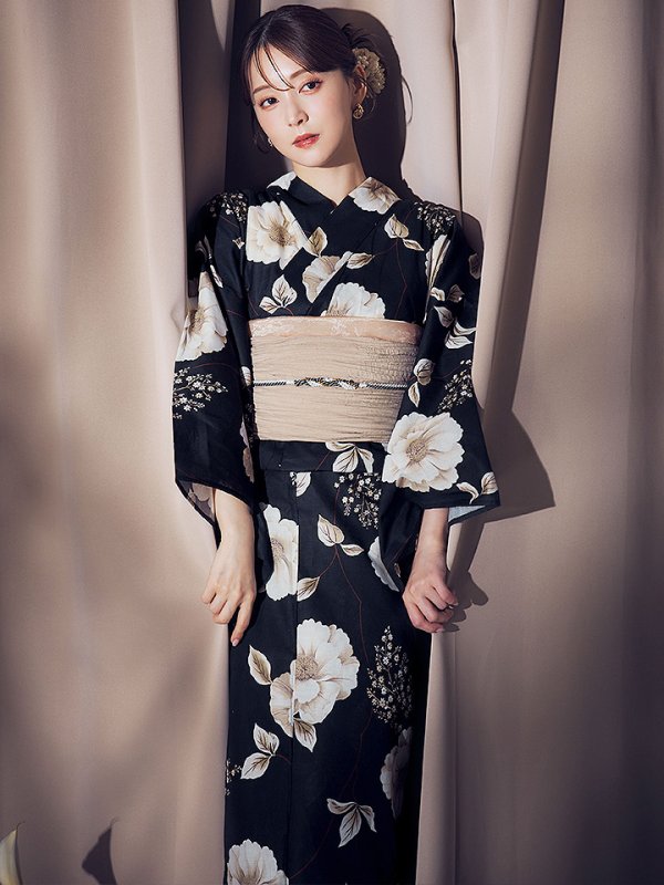 画像7: 【即日発送】ピオニーブラック花柄浴衣  【浴衣３点セット 浴衣/帯/下駄】[YMT]