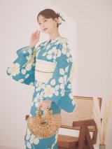 浅葱色花柄浴衣  【浴衣３点セット 浴衣/帯/下駄】OBI-siwa-200-kj-13-OW / HIMO-900-yn-2-DusBL / HEKO-800-sb-5-W / YA-1072-kn-W / GETA-02-ok-1-BL / [YMT]