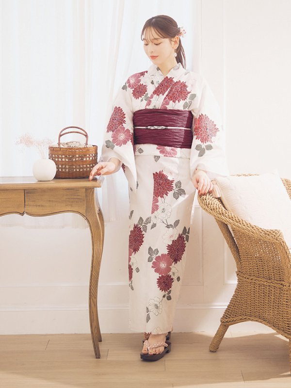 画像13: 【即日発送】紅色菊花柄浴衣  【浴衣３点セット 浴衣/帯/下駄】[OF04]