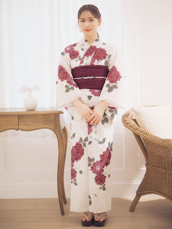 画像4: 【即日発送】紅色菊花柄浴衣  【浴衣３点セット 浴衣/帯/下駄】[OF04]