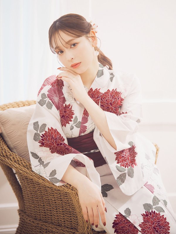 画像6: 【即日発送】紅色菊花柄浴衣  【浴衣３点セット 浴衣/帯/下駄】[OF04]