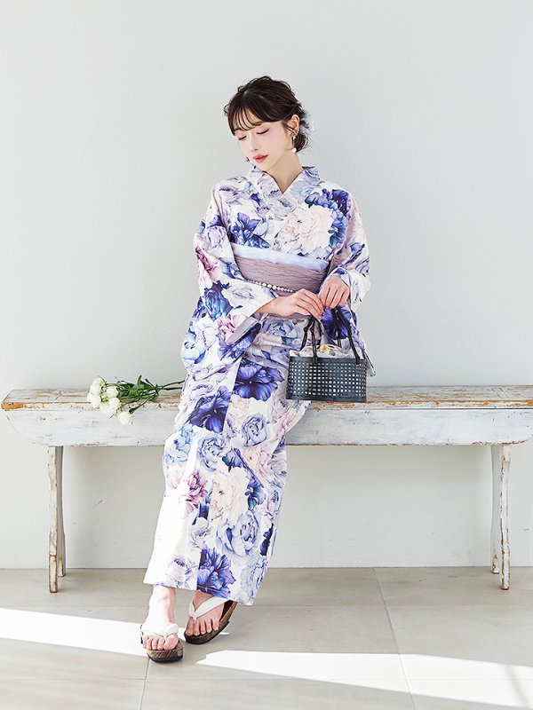 画像10: 【即日発送】【Riuコラボ】ブルーアイボリーピオニー浴衣  【浴衣３点セット 浴衣/帯/下駄】[YMT]