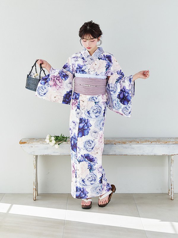 画像6: 【即日発送】【Riuコラボ】ブルーアイボリーピオニー浴衣  【浴衣３点セット 浴衣/帯/下駄】[YMT]