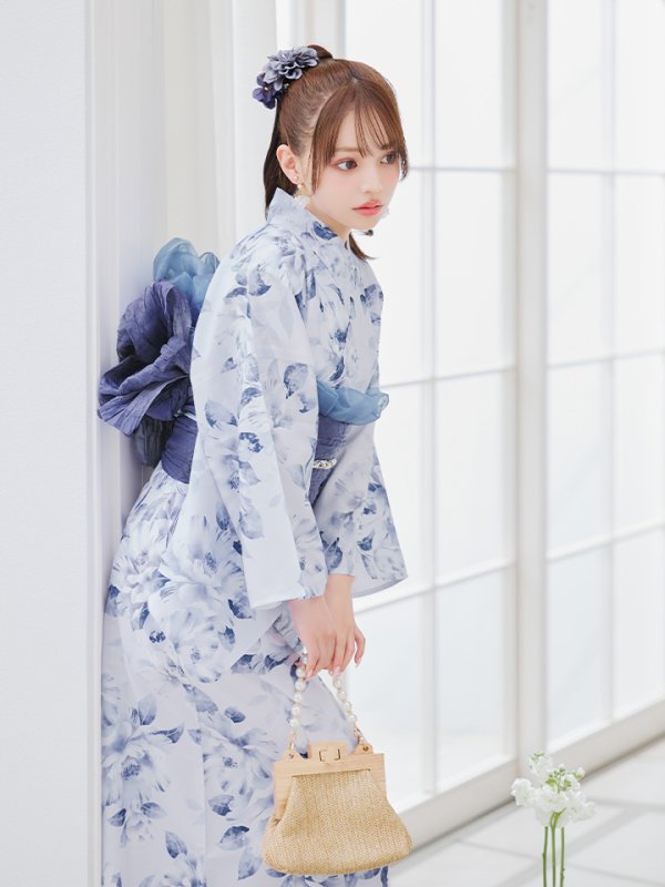 画像2: 【予約 / 5月中旬発送予定】ワンピース水彩椿柄浴衣 OBI-g-500-kj-9-NV / HIMO-900-yn-2-DusBL / HEKO-800-sb-8-DusBL / YA-73-kn-GY / GETA-01-kj-2-BL/ [y/OF01]