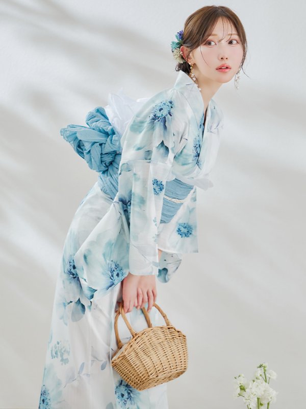 画像10: 【即日発送】セパレート水彩フラワー浴衣 【浴衣4点セット トップス/スカート/帯/下駄】 [OF04]