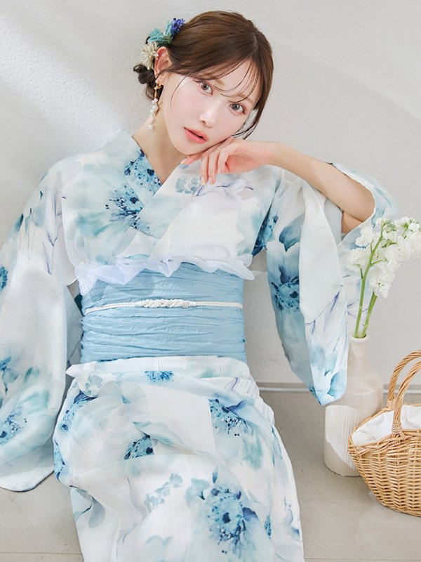 画像14: 【即日発送】セパレート水彩フラワー浴衣 【浴衣4点セット トップス/スカート/帯/下駄】 [OF04]