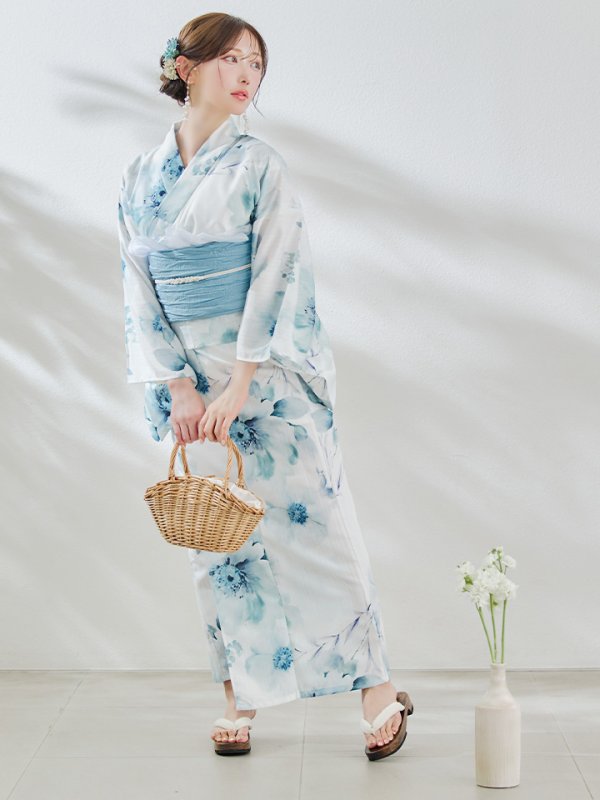 画像3: 【即日発送】セパレート水彩フラワー浴衣 【浴衣4点セット トップス/スカート/帯/下駄】 [OF04]