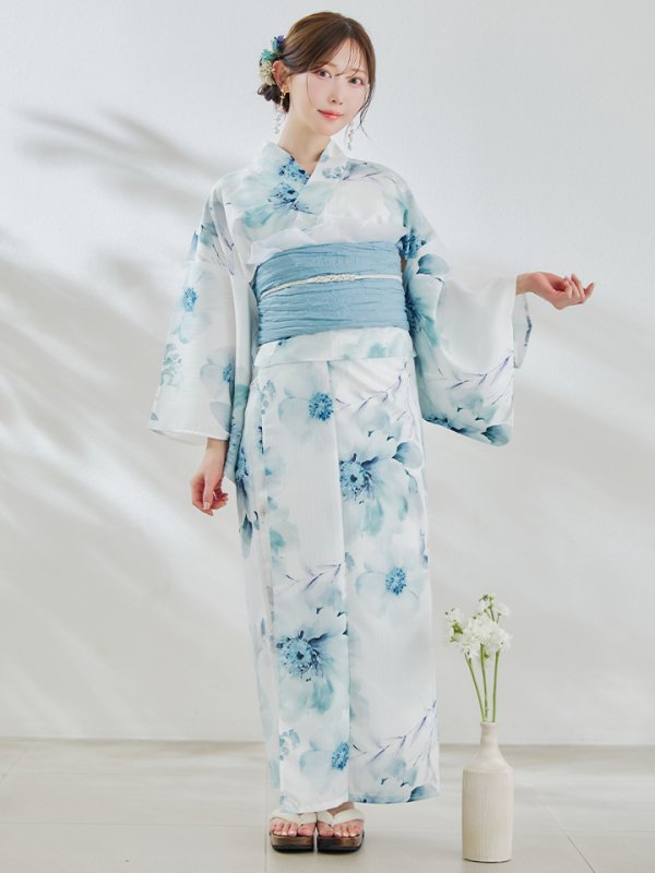 画像4: 【即日発送】セパレート水彩フラワー浴衣 【浴衣4点セット トップス/スカート/帯/下駄】 [OF04]