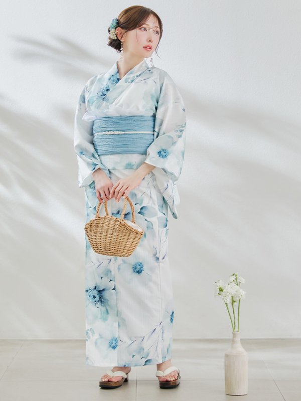 画像6: 【即日発送】セパレート水彩フラワー浴衣 【浴衣4点セット トップス/スカート/帯/下駄】 [OF04]