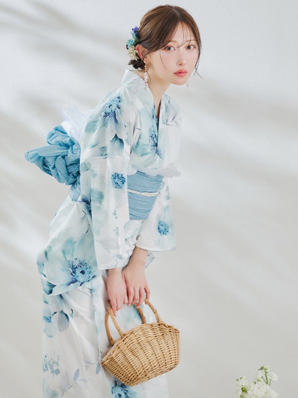画像9: 【即日発送】セパレート水彩フラワー浴衣 【浴衣4点セット トップス/スカート/帯/下駄】 [OF04]