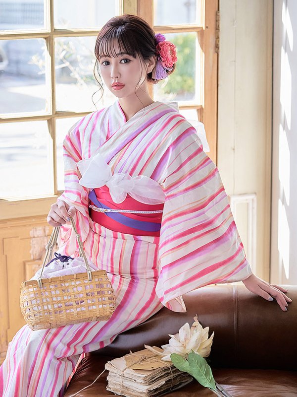 画像10: 【即日発送】【アウトレット】【浴衣】クリーム地xストライプ模様浴衣セット[HC02]