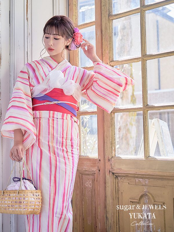 画像3: 【即日発送】【アウトレット】【浴衣】クリーム地xストライプ模様浴衣セット[HC02]