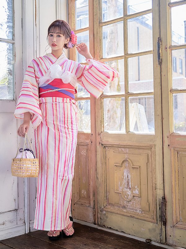 画像4: 【即日発送】【アウトレット】【浴衣】クリーム地xストライプ模様浴衣セット[HC02]