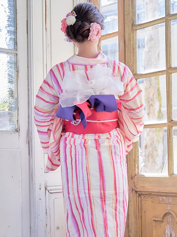 画像8: 【即日発送】【アウトレット】【浴衣】クリーム地xストライプ模様浴衣セット[HC02]