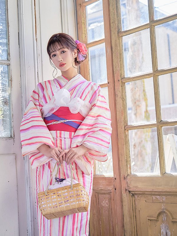 画像9: 【即日発送】【アウトレット】【浴衣】クリーム地xストライプ模様浴衣セット[HC02]