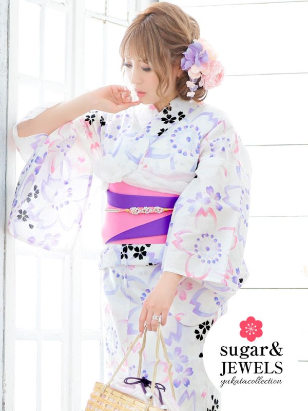 画像1: 【浴衣SALE】【浴衣】白地x桜の花模様浴衣セット（Yheko-WH/Yhimo205 /19obi-4/CG-17-P）[OF01]