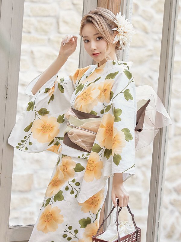 画像9: 【即日発送】【浴衣セール!】【浴衣】白地に黄色い花浴衣セット【浴衣3点セット浴衣/帯/下駄】【YMT】