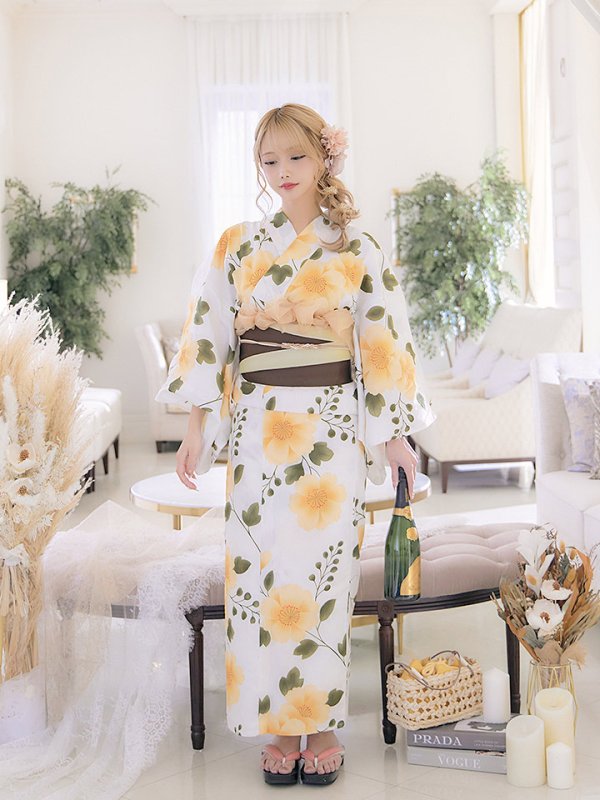 画像11: 【即日発送】【浴衣セール!】【浴衣】白地に黄色い花浴衣セット【浴衣3点セット浴衣/帯/下駄】【YMT】