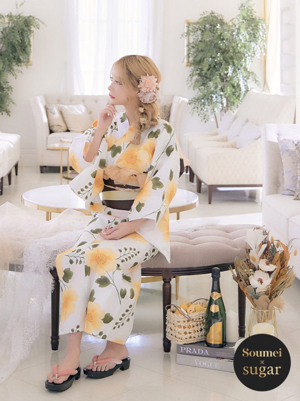 画像3: 【即日発送】【浴衣セール!】【浴衣】白地に黄色い花浴衣セット【浴衣3点セット浴衣/帯/下駄】【YMT】