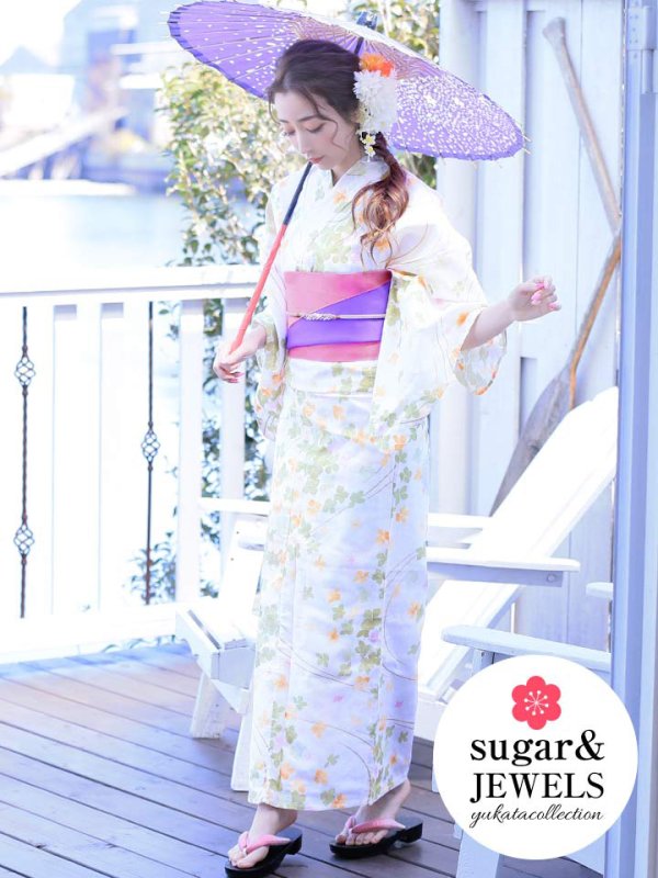 画像2: 【即日発送】【浴衣SALE】SALE!【浴衣】白地に小花柄模様浴衣セット【浴衣３点セット浴衣/帯/下駄】【YMT】