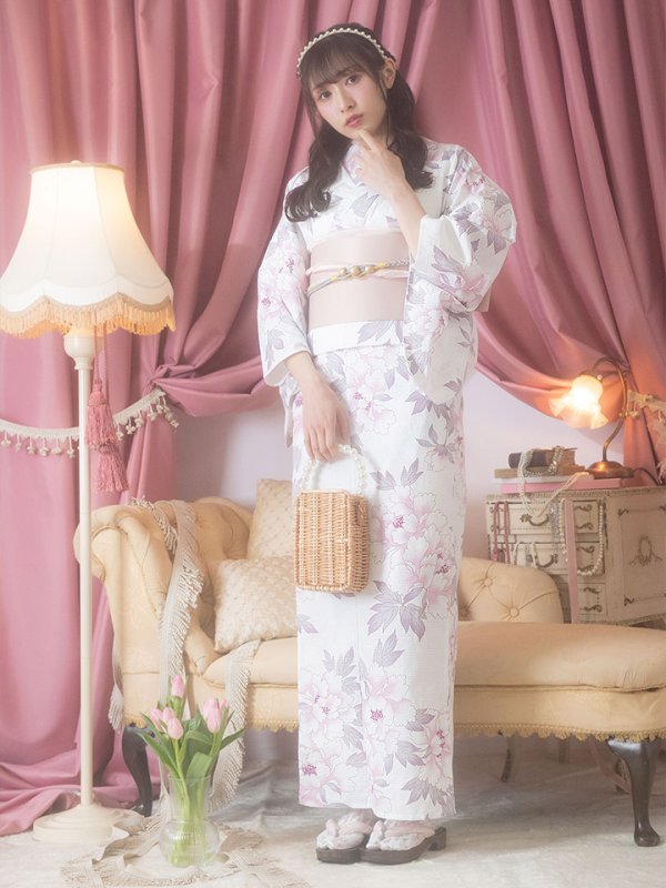 画像4: 【即日発送！】白地×淡い牡丹模様のモダン浴衣セット 【浴衣３点セット 浴衣/帯/下駄】[YMT]