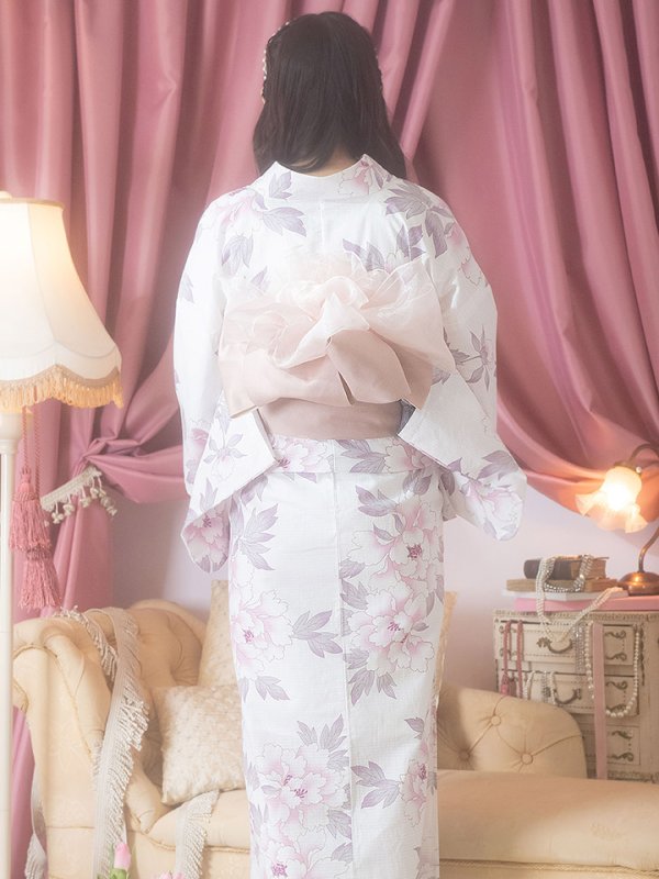 画像5: 【即日発送！】白地×淡い牡丹模様のモダン浴衣セット 【浴衣３点セット 浴衣/帯/下駄】[YMT]